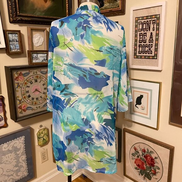 Ulla Popken Blue & Green Abstract Pattern Relaxed Button-Down Blouse  Size 14 - Picture 4 of 5